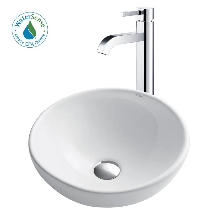 16" Round White Porcelain Bathroom Vessel Sink and Ramus Faucet Combo Set with Pop-Up Drain