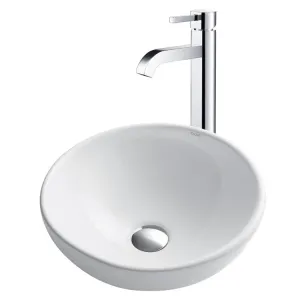 16" Round White Porcelain Bathroom Vessel Sink and Ramus Faucet Combo Set with Pop-Up Drain