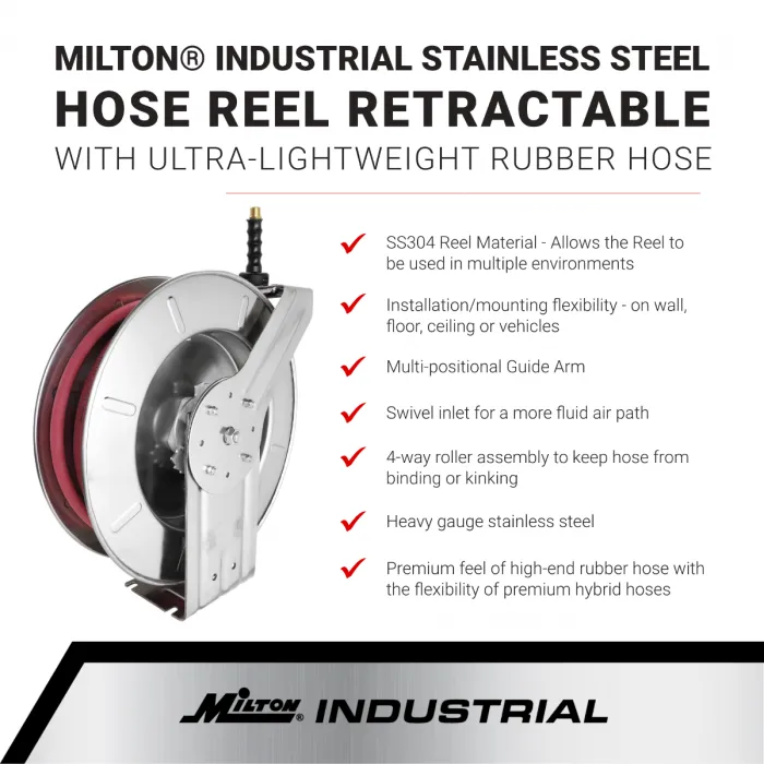 2751-2514SS - Milton® Industrial Stainless Steel Hose Reel Retractable, 1/4" ID x 25' Ultra-Lightweight Rubber Hose w/ 1/4" NPT, 300 PSI