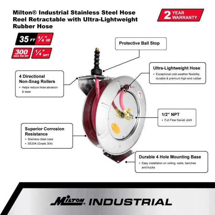 2752-3538SS - Milton® Industrial Stainless Steel Hose Reel Retractable, 3/8" ID x 35' Ultra-Lightweight Rubber Hose w/ 3/8" NPT, 300 PSI