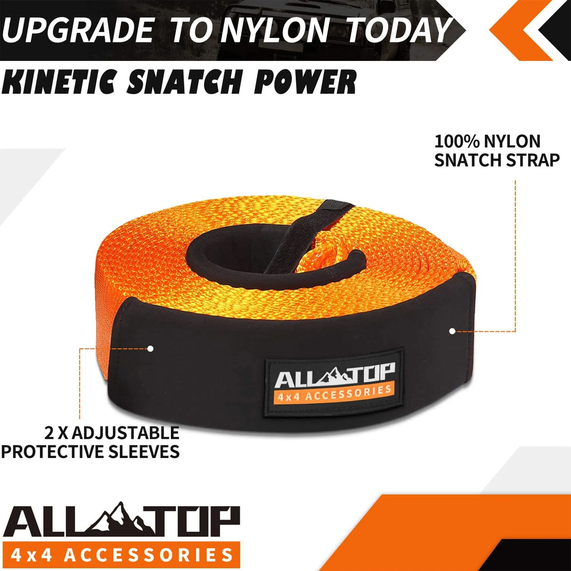 ALL-TOP 3 Inch Nylon Recovery Snatch Strap, 30 Feet, 35,000 Lb Capacity, Orange