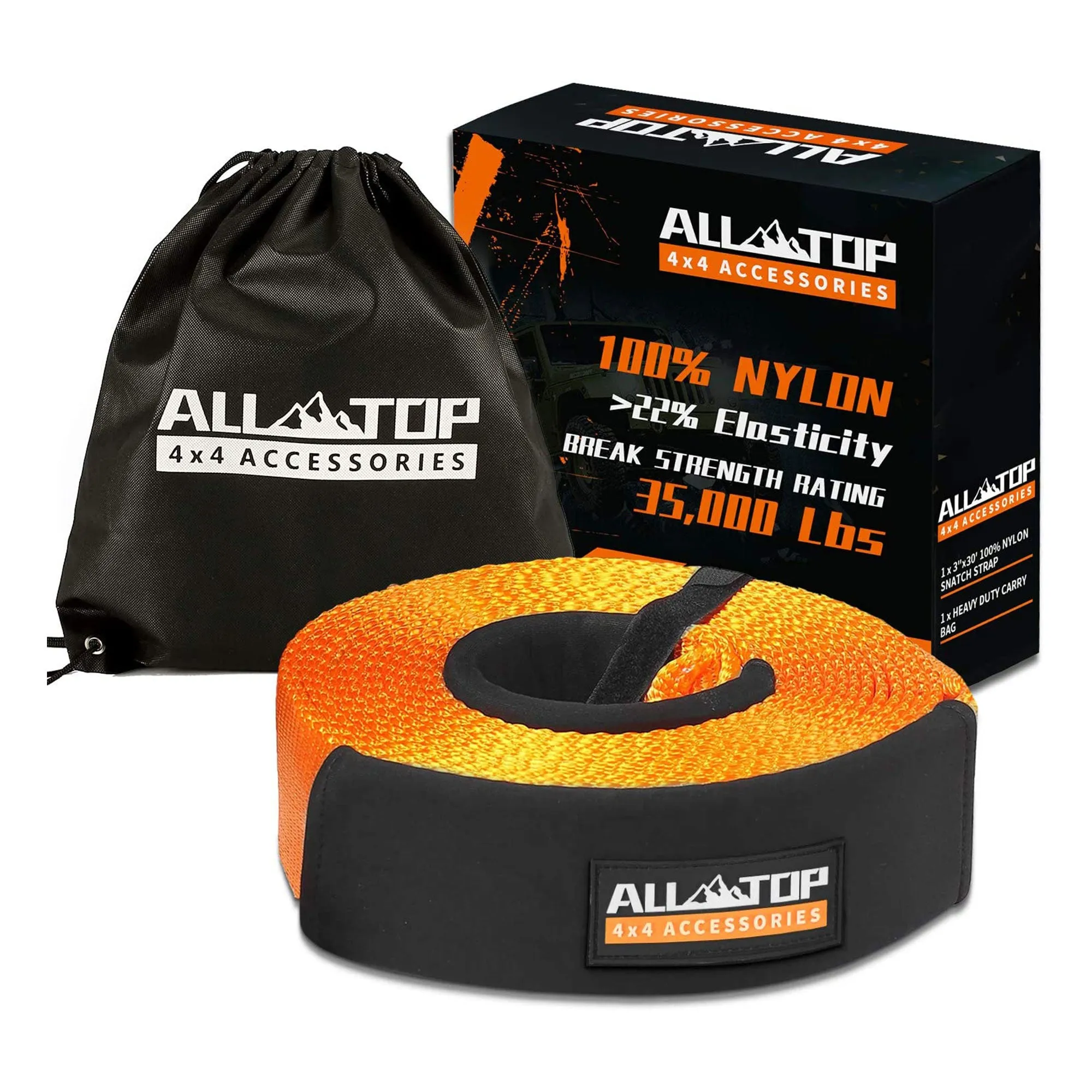 ALL-TOP 3 Inch Nylon Recovery Snatch Strap, 30 Feet, 35,000 Lb Capacity, Orange