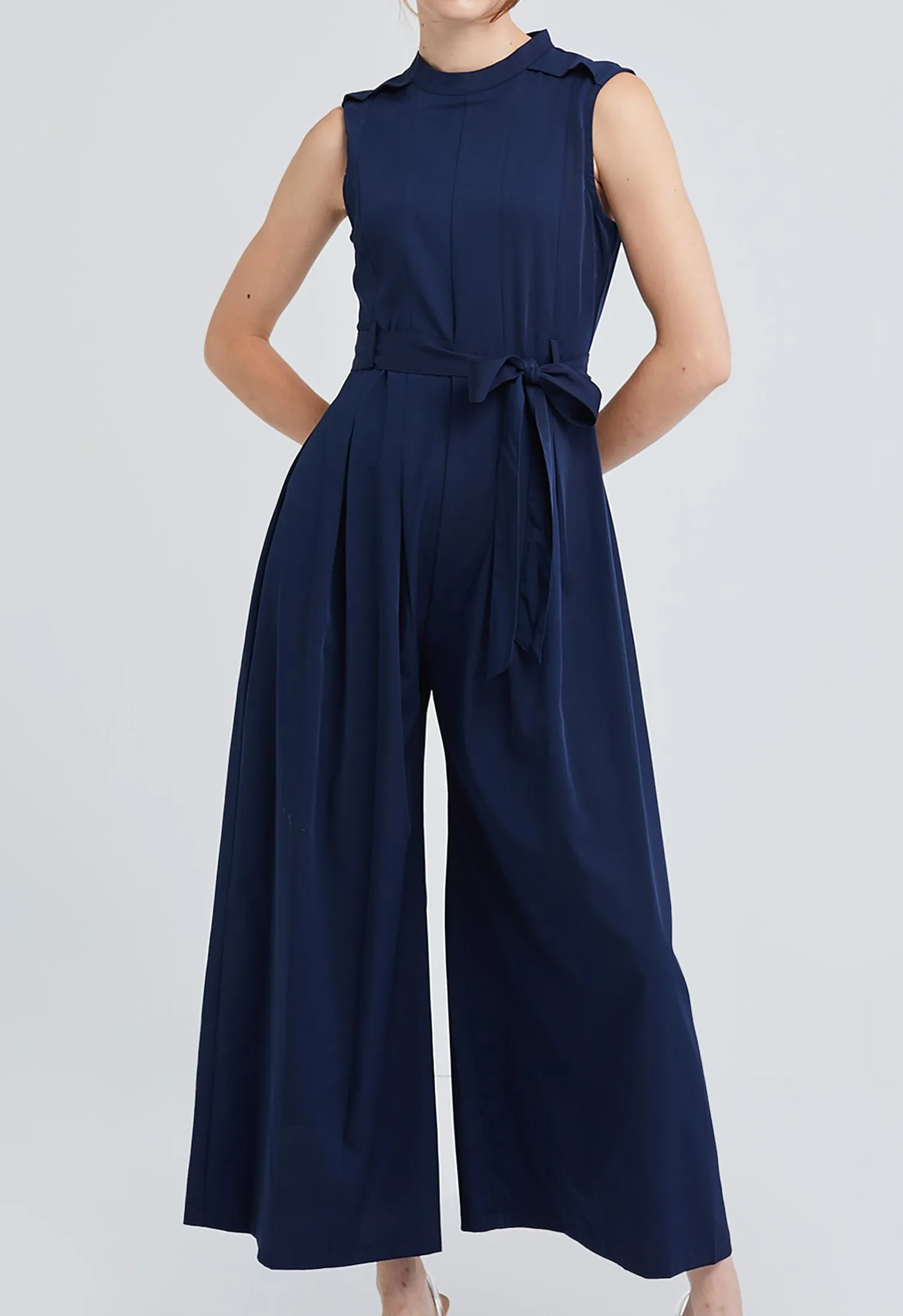 Belted Pleat Wide Leg Jumpsuit