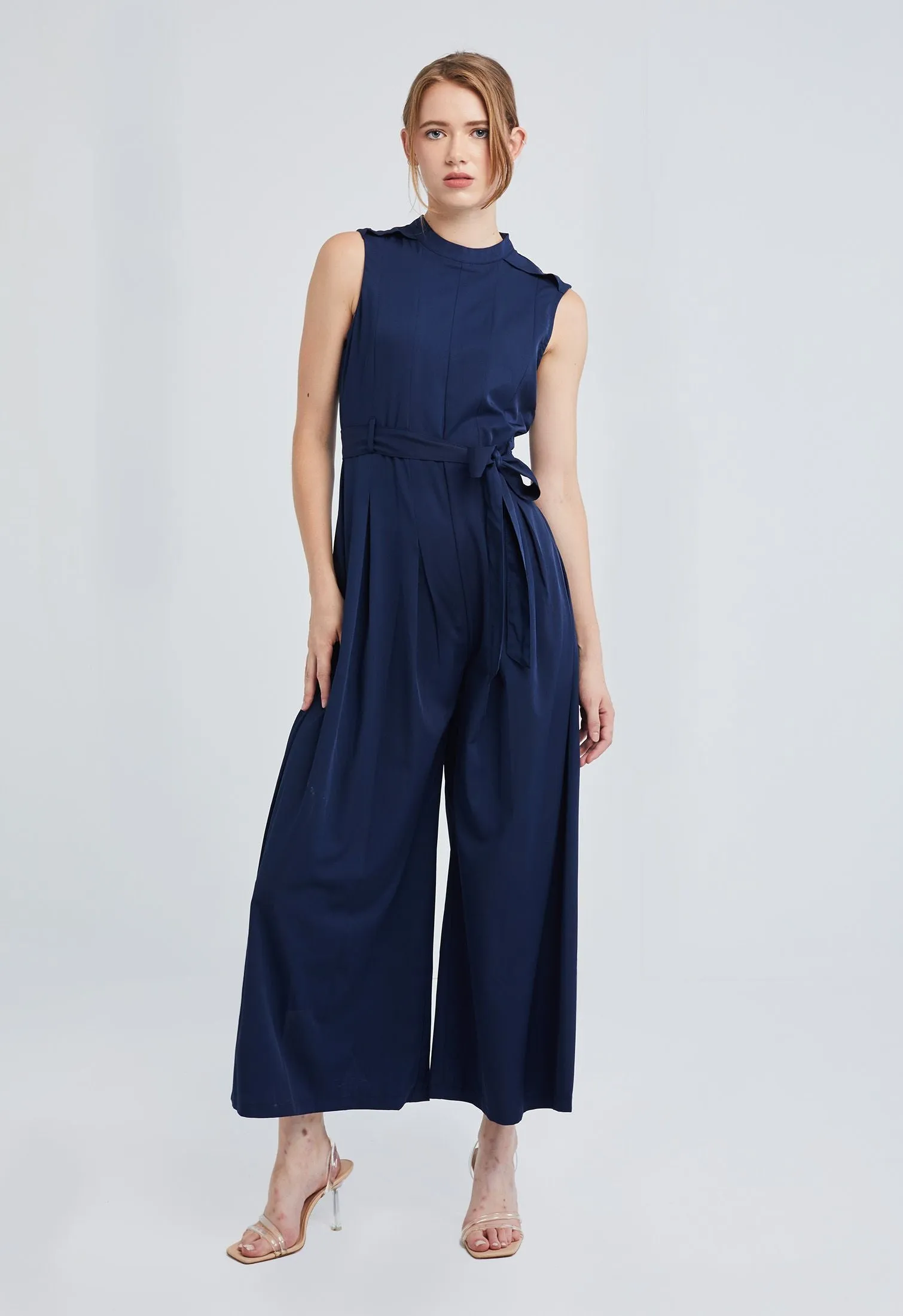 Belted Pleat Wide Leg Jumpsuit