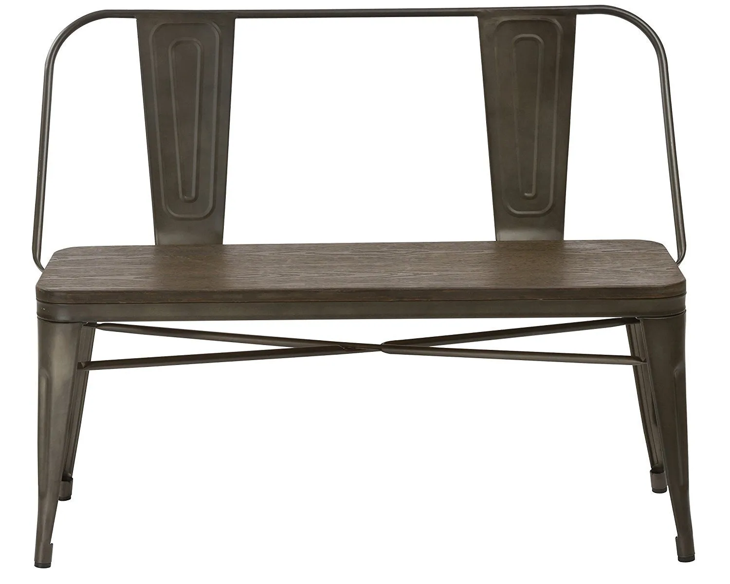 BTEXPERT Industrial Antique Copper Rustic Steel Frame Distressed Metal Dining Bench with Full Back Wood Seat, Bronze Patio Garden