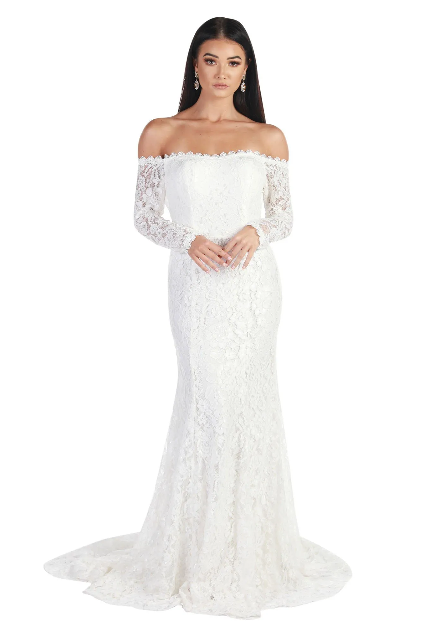 Caroline Off The Shoulder Long Sleeve Lace Gown - White