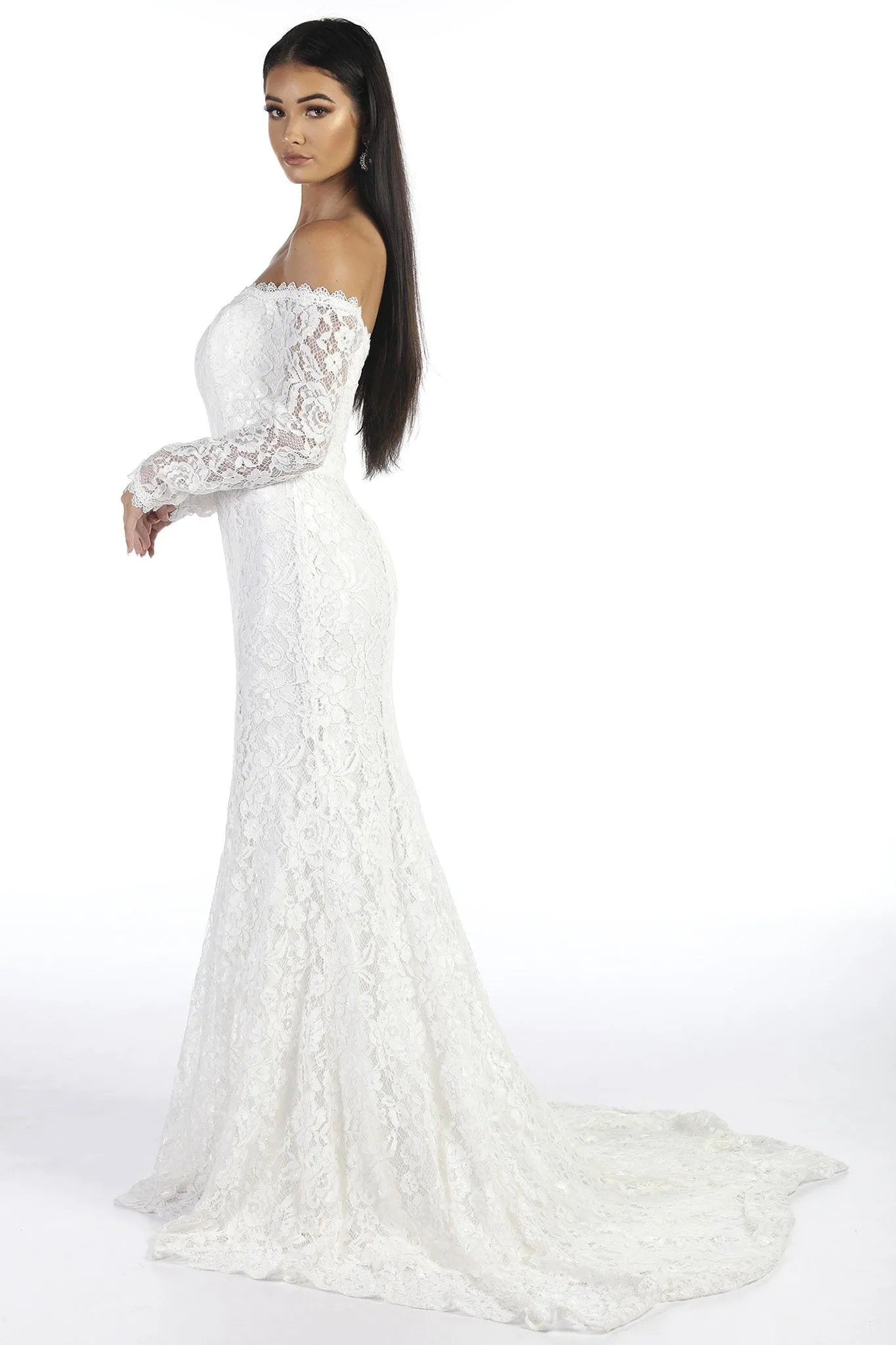 Caroline Off The Shoulder Long Sleeve Lace Gown - White