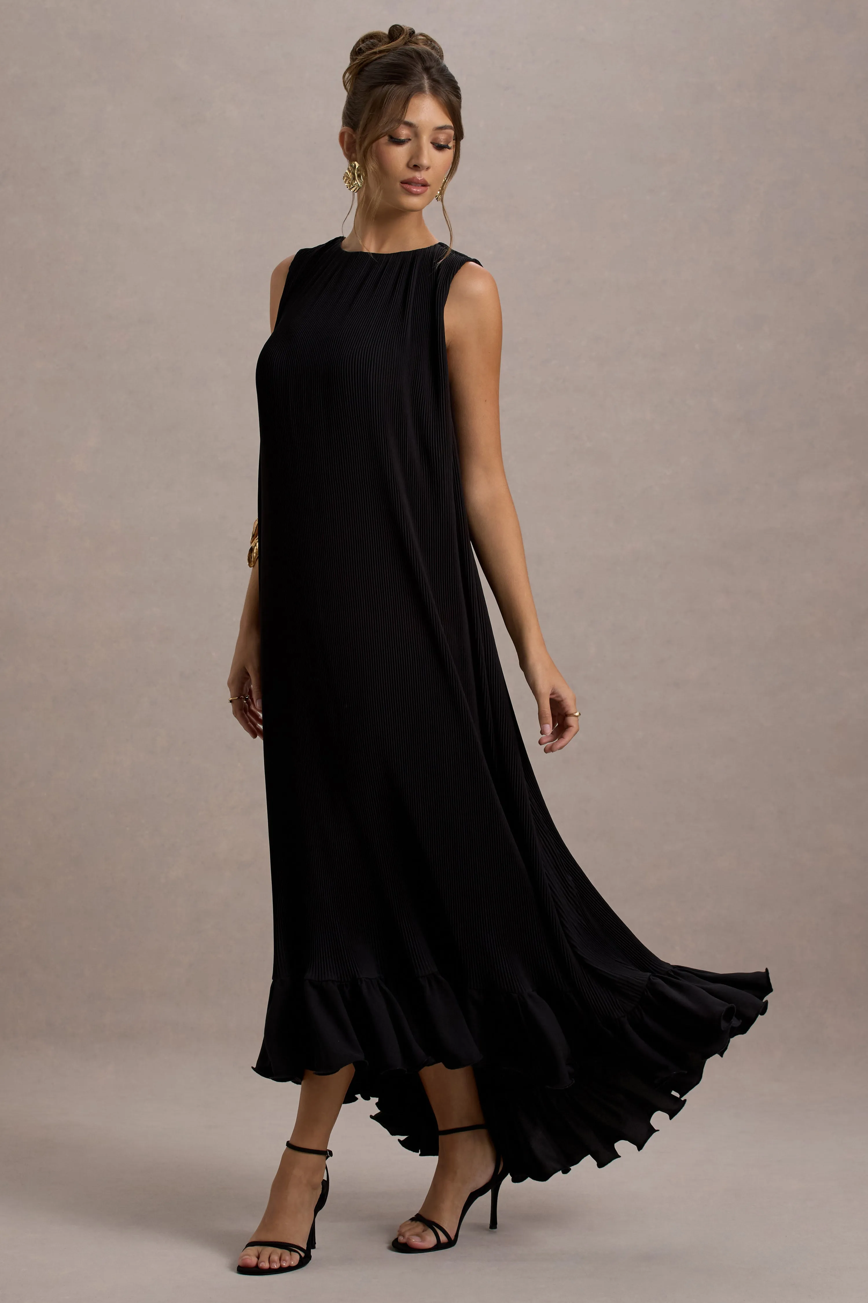 Hazelle | Black Chiffon A-Line Ruffled Maxi Dress