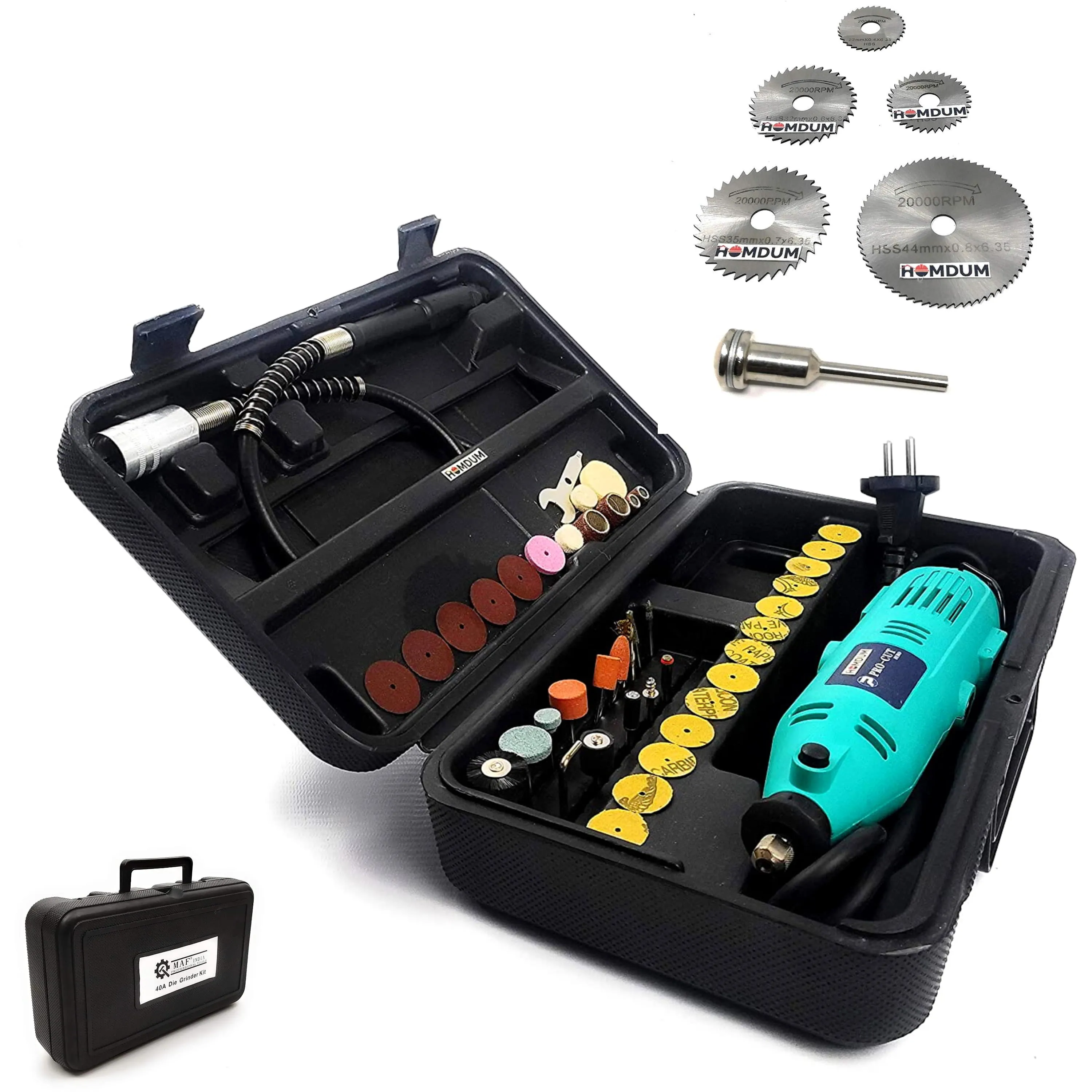 Homdum Multi functional 130W Maf Mini Rotary Die Grinder Tool Kit with 40 pcs grinding stones, sanding roll and diamond bits accessories   6 Pcs Mini HSS Circular Saw Blade