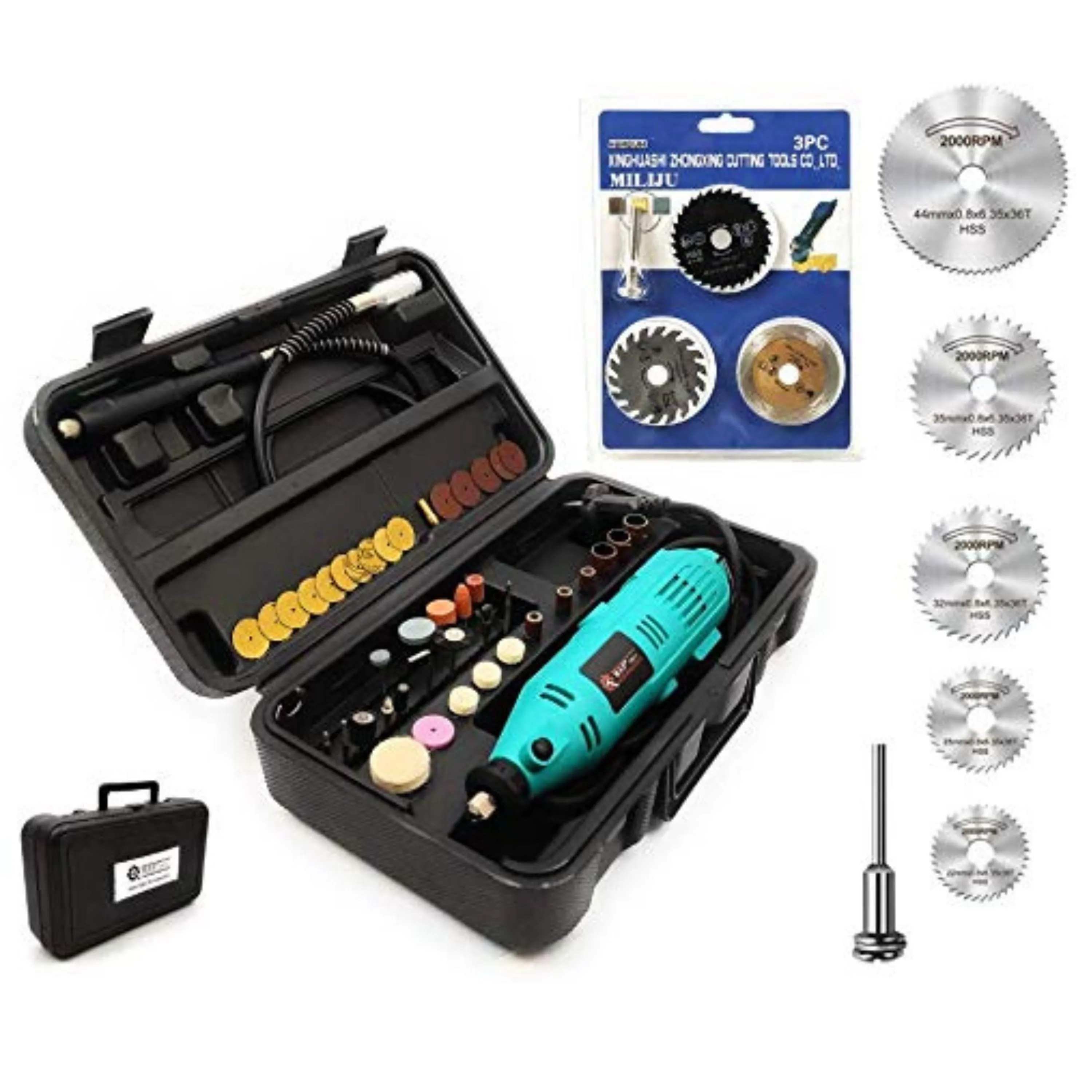 Homdum Multi functional 130W Maf Mini Rotary Die Grinder Tool Kit with 40 pcs grinding stones, sanding roll and diamond bits accessories   6 Pcs Mini HSS Circular Saw Blade