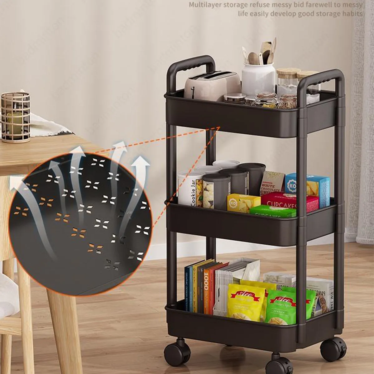 Three-tiered mobile storage rack that can be placed on the floor, HG0148