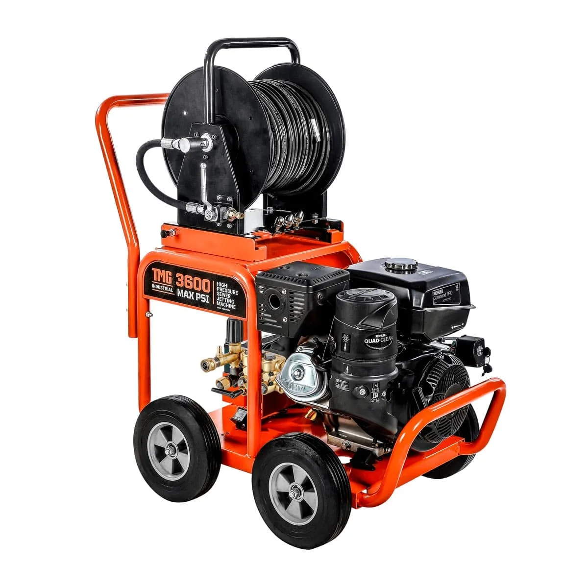 TMG Industrial 3600 PSI Kohler Powered Sewer Jetting Machine, Water Jetter, Drain Cleaner, 14 HP Kohler Engine, Stainless Steel Nozzles, 200' Hose Reel, TMG-GWJ36