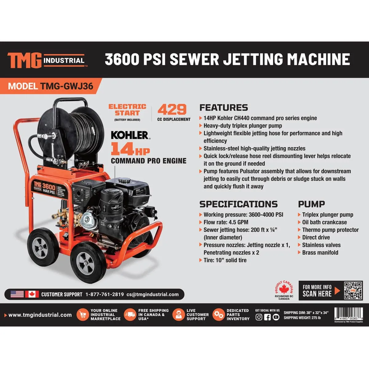 TMG Industrial 3600 PSI Kohler Powered Sewer Jetting Machine, Water Jetter, Drain Cleaner, 14 HP Kohler Engine, Stainless Steel Nozzles, 200' Hose Reel, TMG-GWJ36